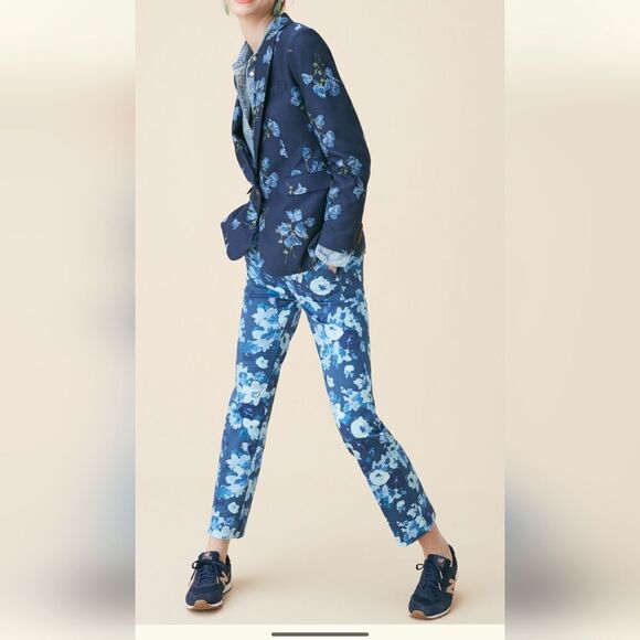 Jcrew size 6 stretch cotton Remi pant in watercolor begonias print blue - Picture 1 of 10
